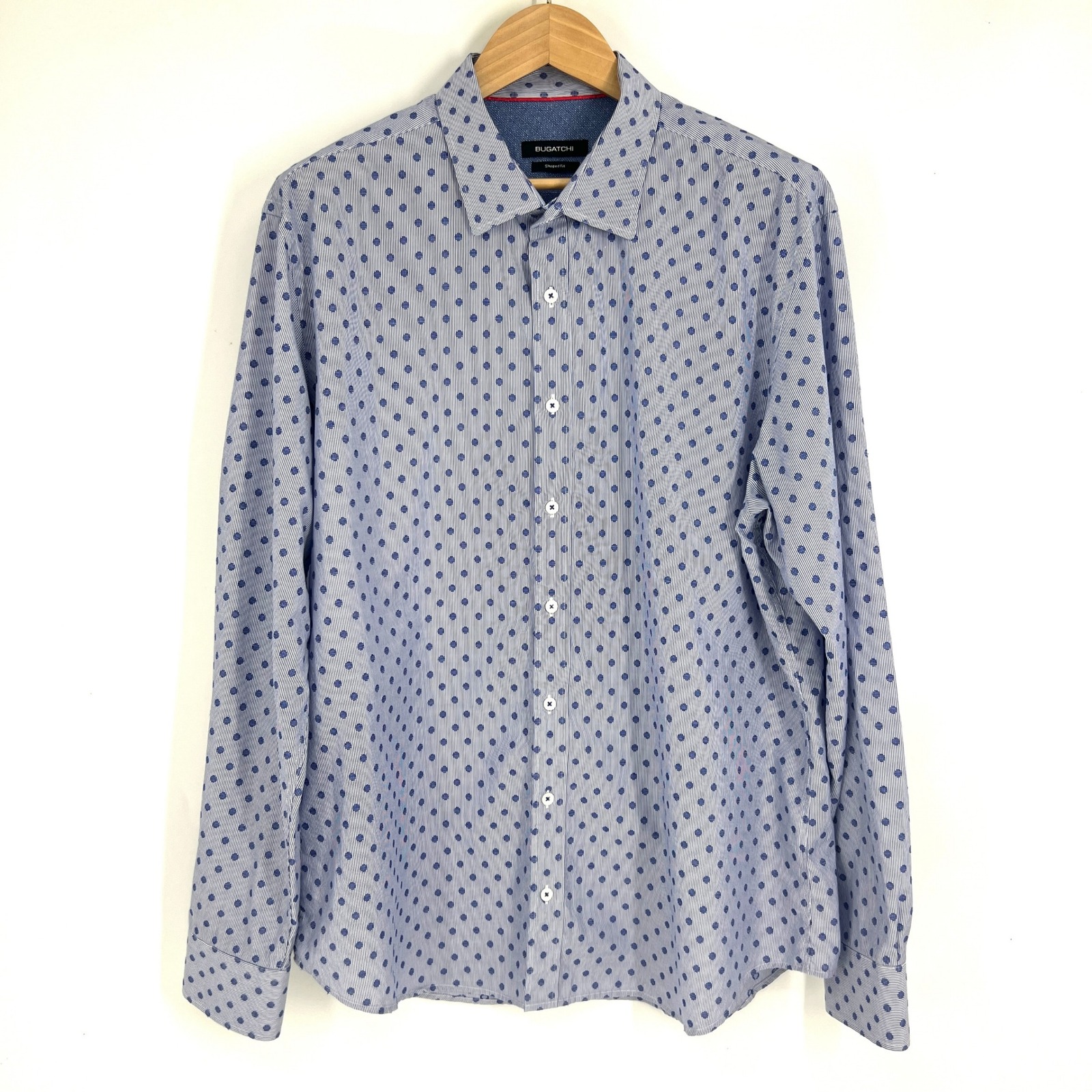 Bugatchi Mens Blue White Stripe Polka Dot Button Down Shirt Shaped Fit Size Xxl